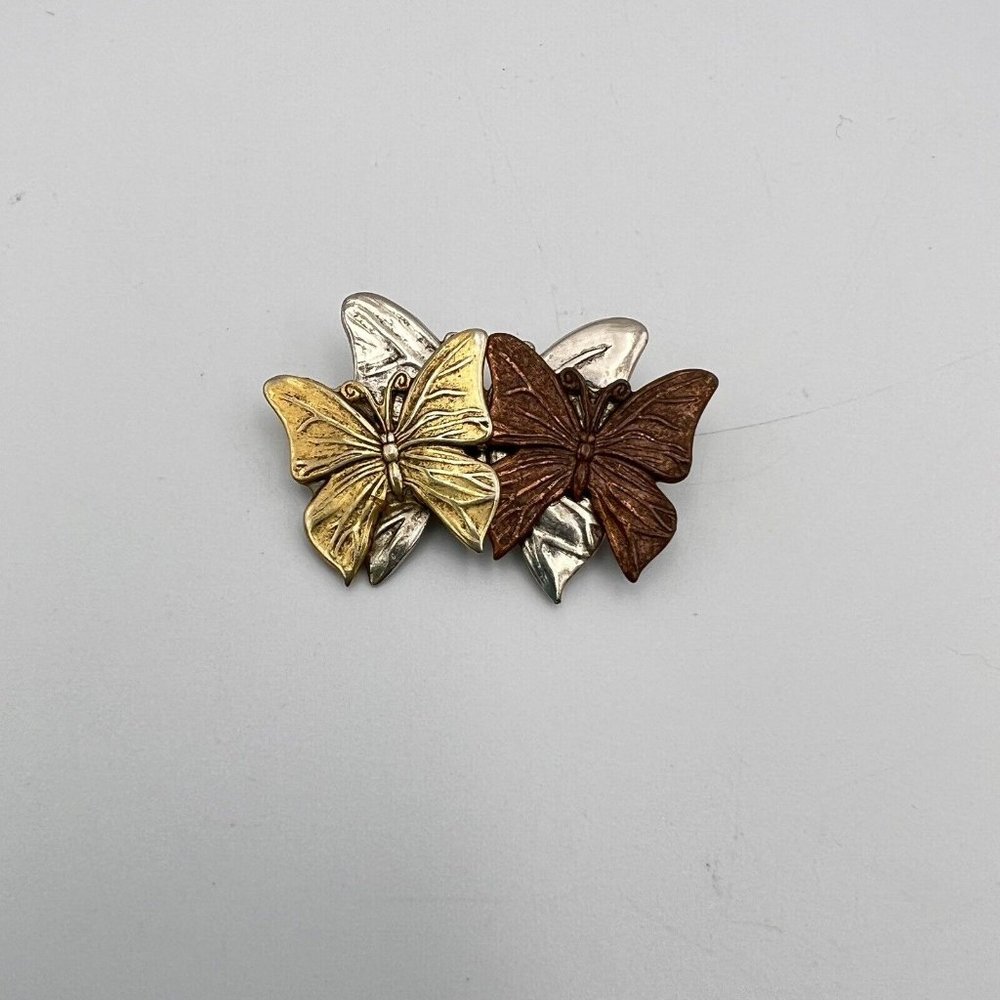 Estate Tri Color Gold Silver Copper Tone Butterfly Dimensional Brooch Pin